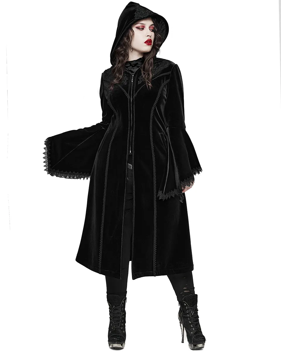 DY-1510LCF-BKF Womens Gorgeous Gothic Lace Applique Hooded Coat - Extended Size Range - Black Velvet