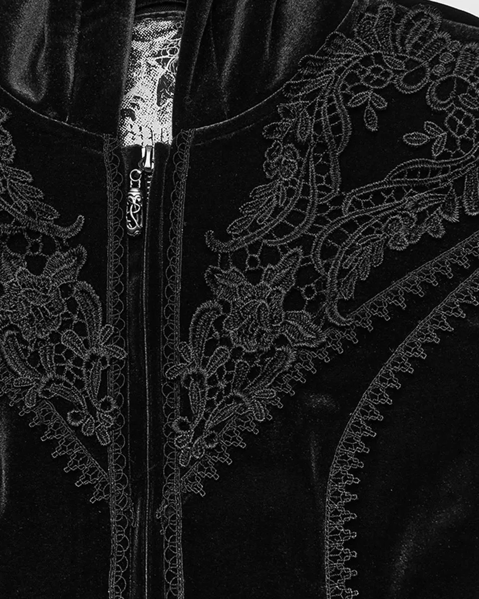 DY-1510LCF-BKF Womens Gorgeous Gothic Lace Applique Hooded Coat - Extended Size Range - Black Velvet