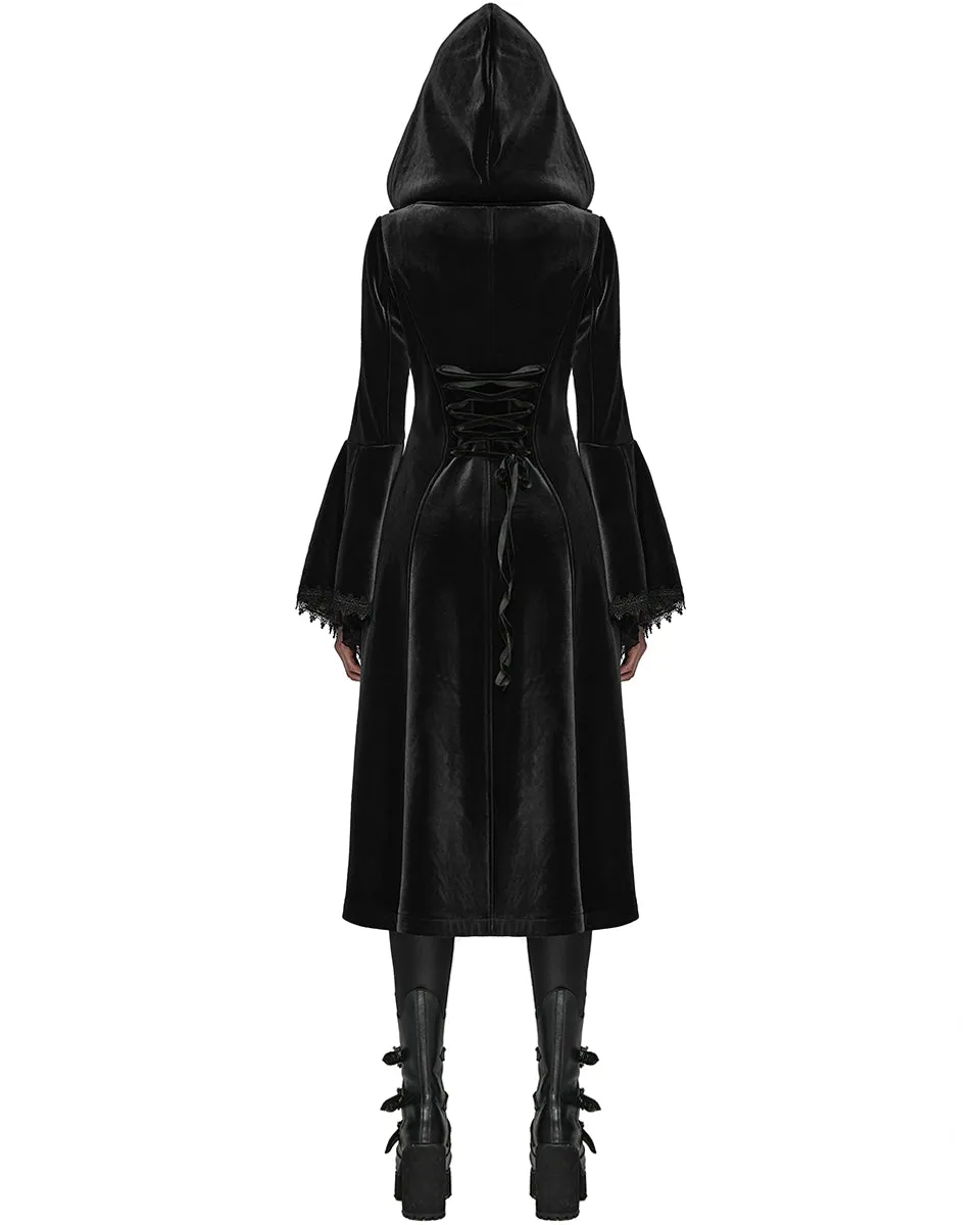 DY-1510LCF-BKF Womens Gorgeous Gothic Lace Applique Hooded Coat - Extended Size Range - Black Velvet