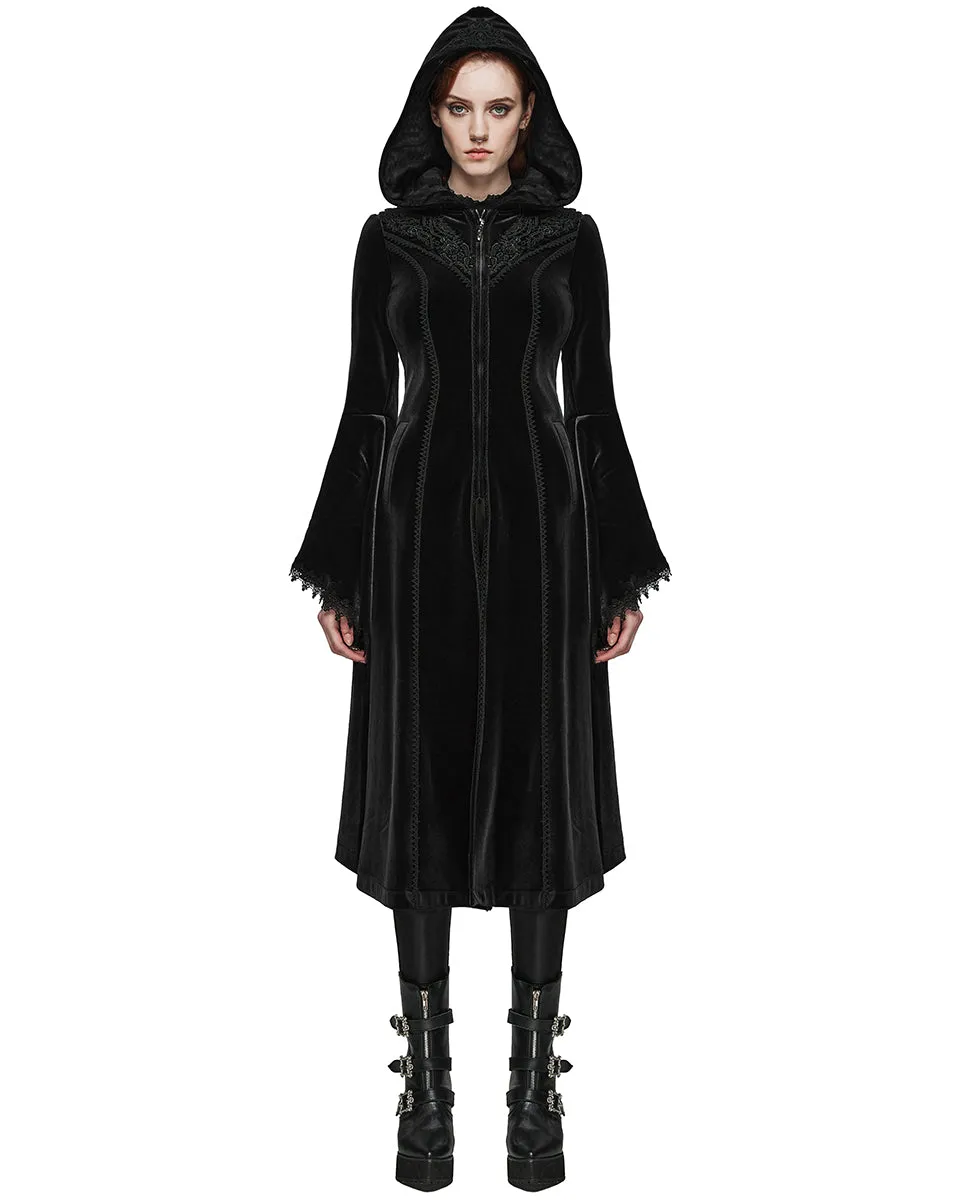 DY-1510LCF-BKF Womens Gorgeous Gothic Lace Applique Hooded Coat - Extended Size Range - Black Velvet