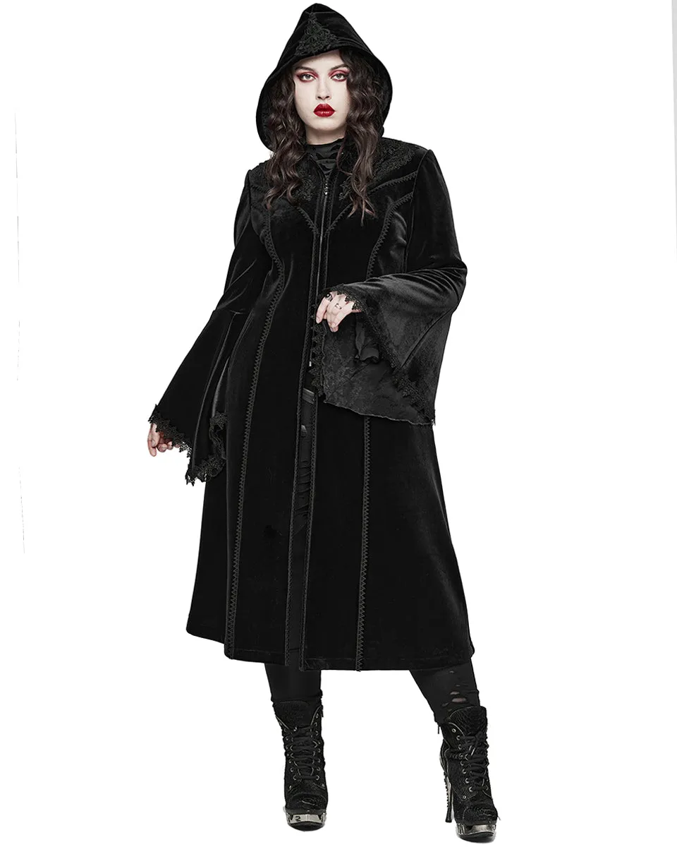 DY-1510LCF-BKF Womens Gorgeous Gothic Lace Applique Hooded Coat - Extended Size Range - Black Velvet