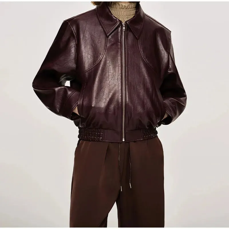 Fashion Green Leather Sleeve Loose Jacket Women Chic Laple Zipper Cropped Short Coats 2024 New Lady Casual High Street Outerwear