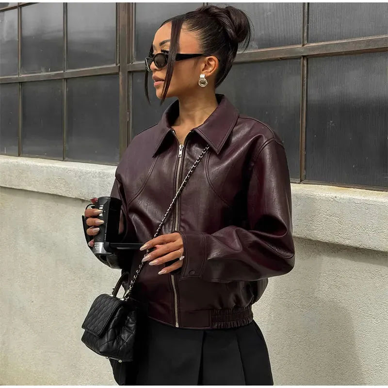Fashion Green Leather Sleeve Loose Jacket Women Chic Laple Zipper Cropped Short Coats 2024 New Lady Casual High Street Outerwear