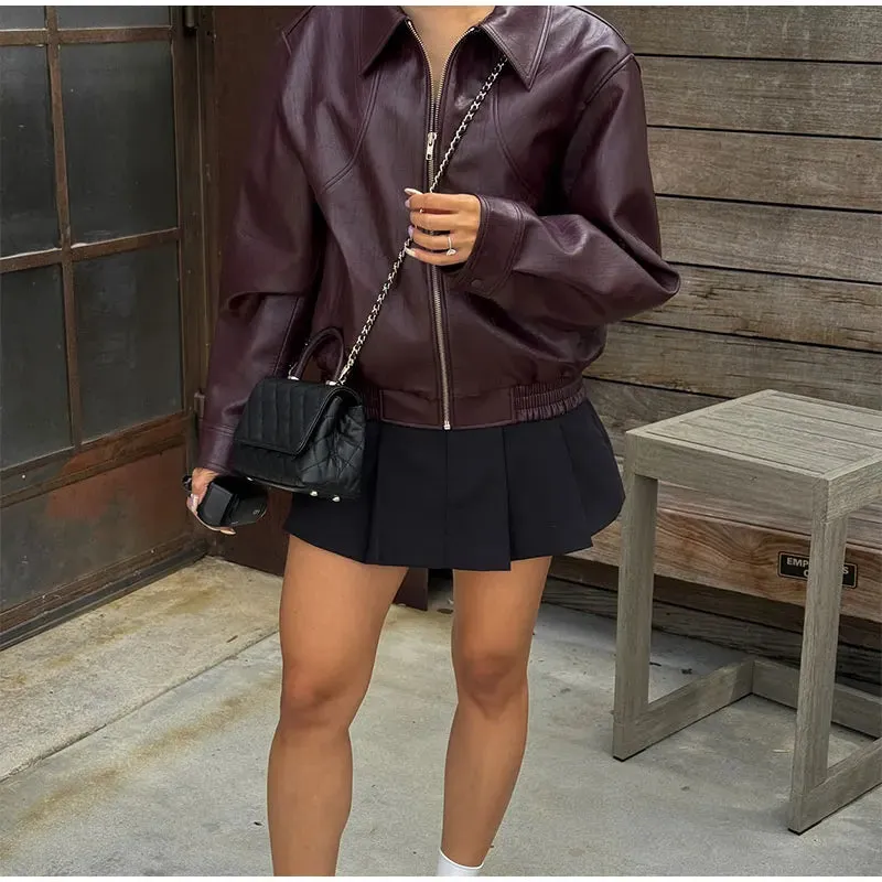 Fashion Green Leather Sleeve Loose Jacket Women Chic Laple Zipper Cropped Short Coats 2024 New Lady Casual High Street Outerwear