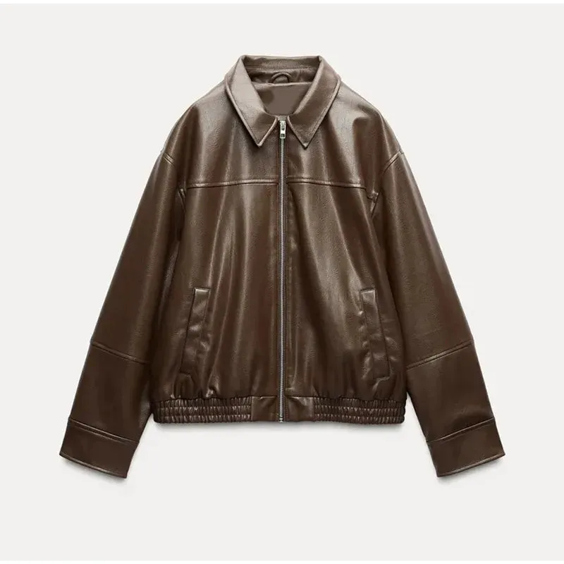 Fashion Green Leather Sleeve Loose Jacket Women Chic Laple Zipper Cropped Short Coats 2024 New Lady Casual High Street Outerwear