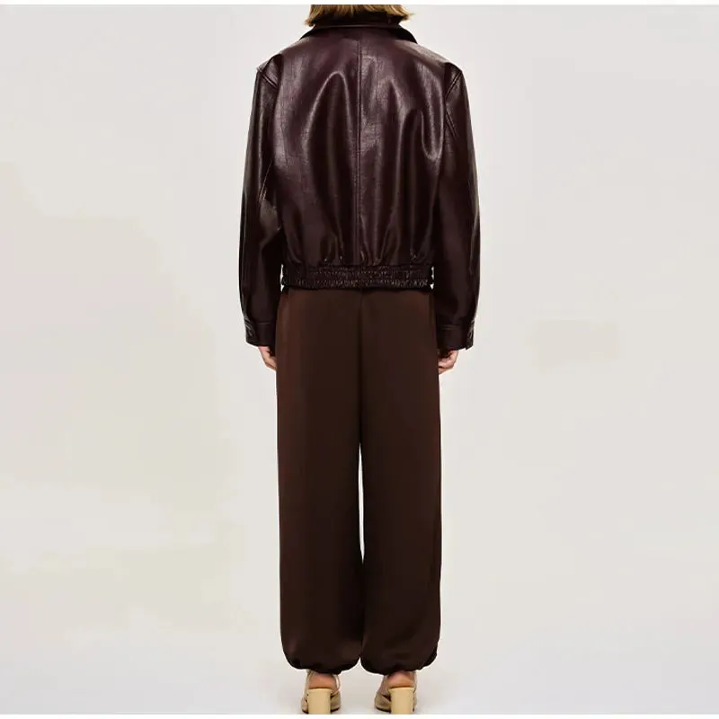 Fashion Green Leather Sleeve Loose Jacket Women Chic Laple Zipper Cropped Short Coats 2024 New Lady Casual High Street Outerwear