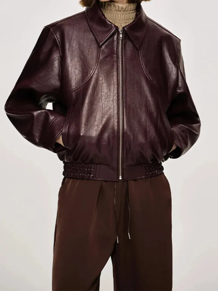 Fashion Green Leather Sleeve Loose Jacket Women Chic Laple Zipper Cropped Short Coats 2024 New Lady Casual High Street Outerwear