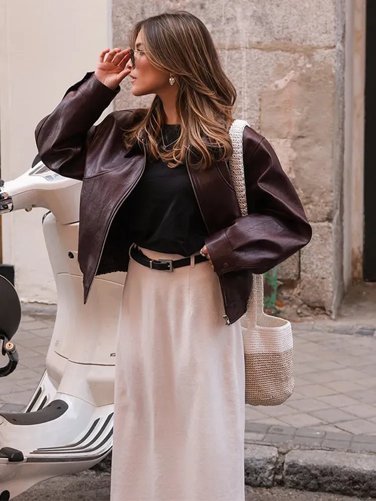 Fashion Green Leather Sleeve Loose Jacket Women Chic Laple Zipper Cropped Short Coats 2024 New Lady Casual High Street Outerwear