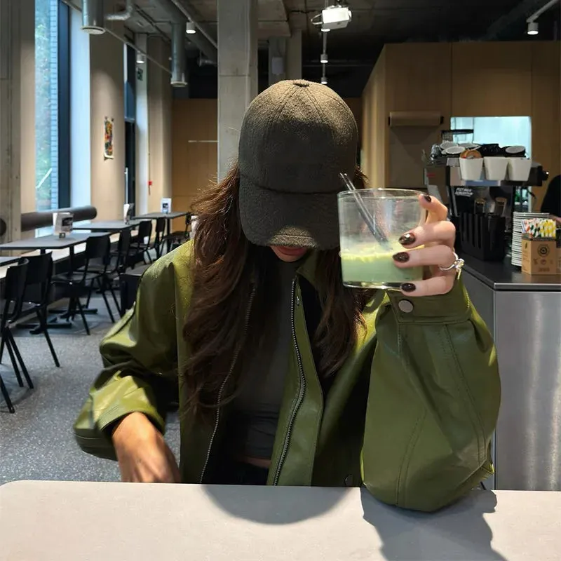 Fashion Green Leather Sleeve Loose Jacket Women Chic Laple Zipper Cropped Short Coats 2024 New Lady Casual High Street Outerwear