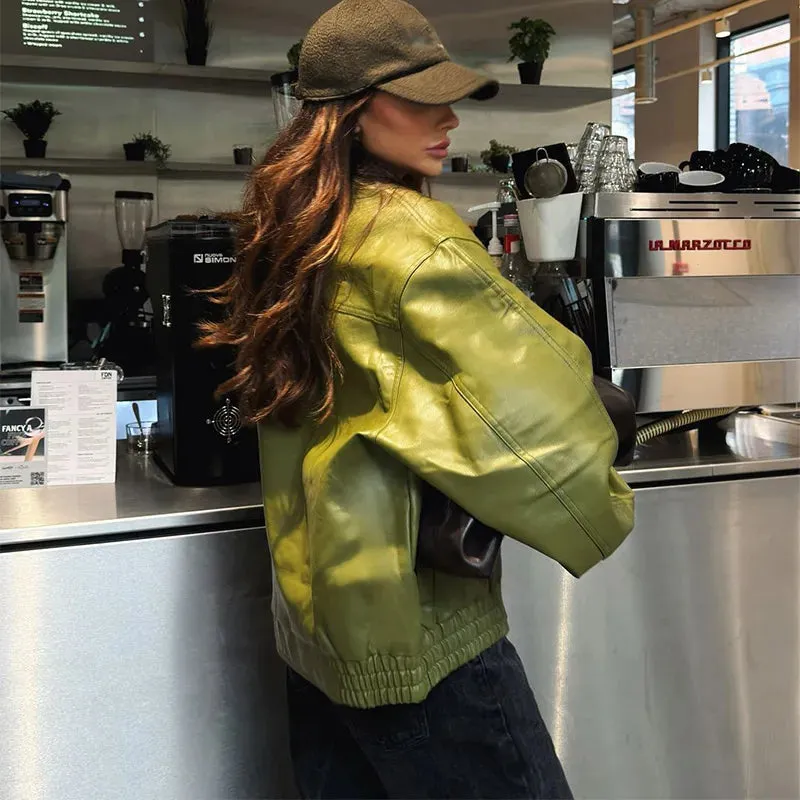 Fashion Green Leather Sleeve Loose Jacket Women Chic Laple Zipper Cropped Short Coats 2024 New Lady Casual High Street Outerwear