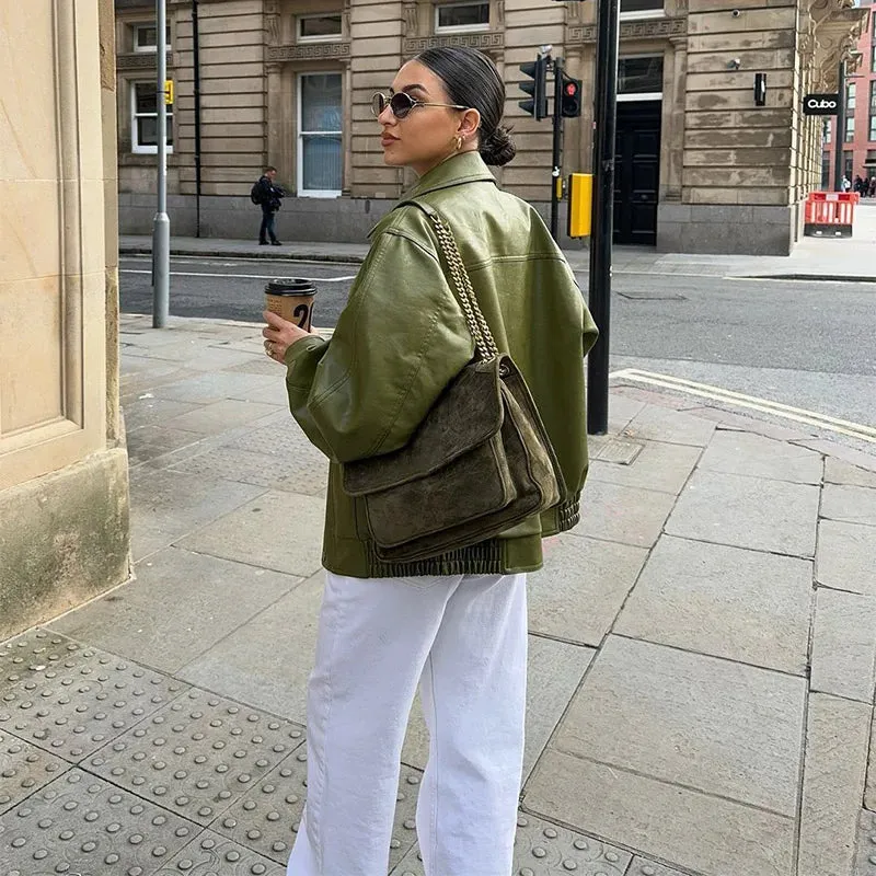 Fashion Green Leather Sleeve Loose Jacket Women Chic Laple Zipper Cropped Short Coats 2024 New Lady Casual High Street Outerwear