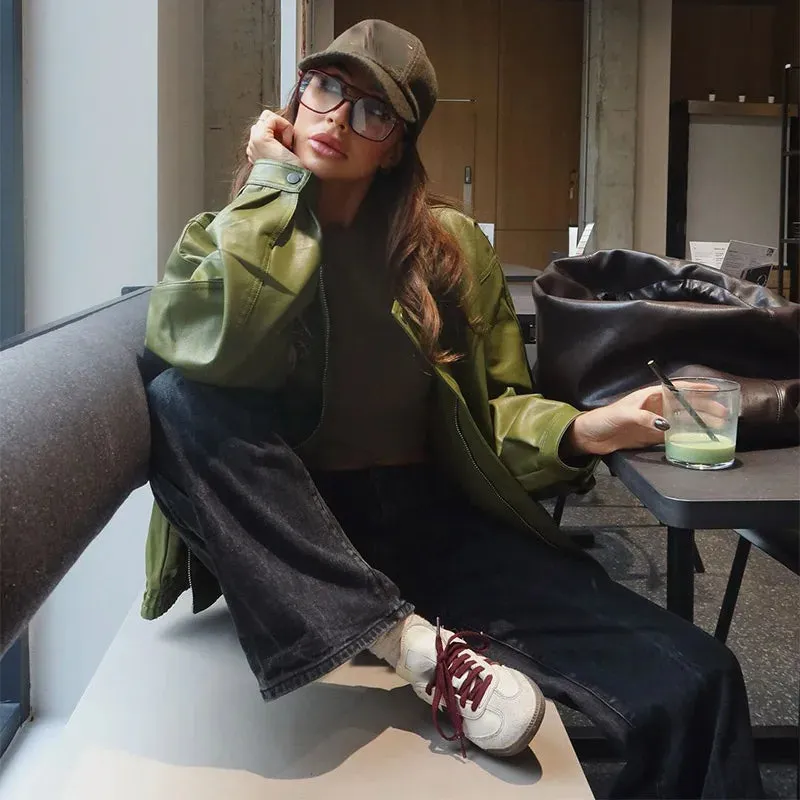 Fashion Green Leather Sleeve Loose Jacket Women Chic Laple Zipper Cropped Short Coats 2024 New Lady Casual High Street Outerwear
