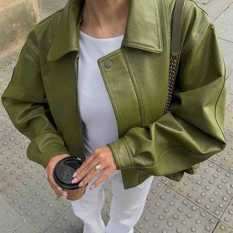 Fashion Green Leather Sleeve Loose Jacket Women Chic Laple Zipper Cropped Short Coats 2024 New Lady Casual High Street Outerwear