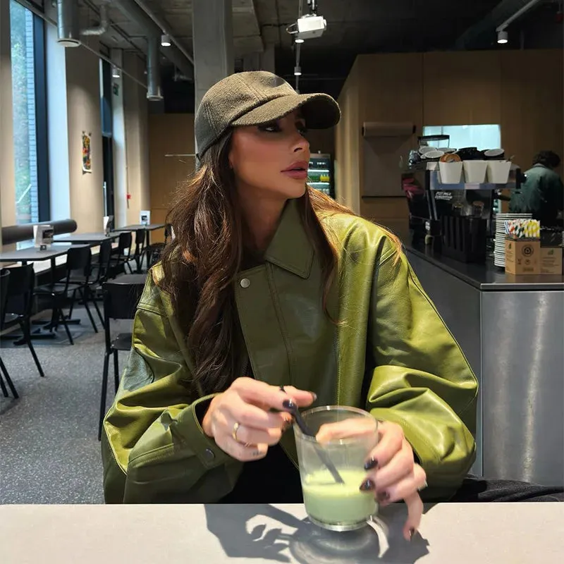Fashion Green Leather Sleeve Loose Jacket Women Chic Laple Zipper Cropped Short Coats 2024 New Lady Casual High Street Outerwear