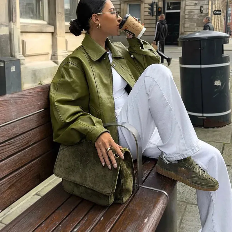 Fashion Green Leather Sleeve Loose Jacket Women Chic Laple Zipper Cropped Short Coats 2024 New Lady Casual High Street Outerwear