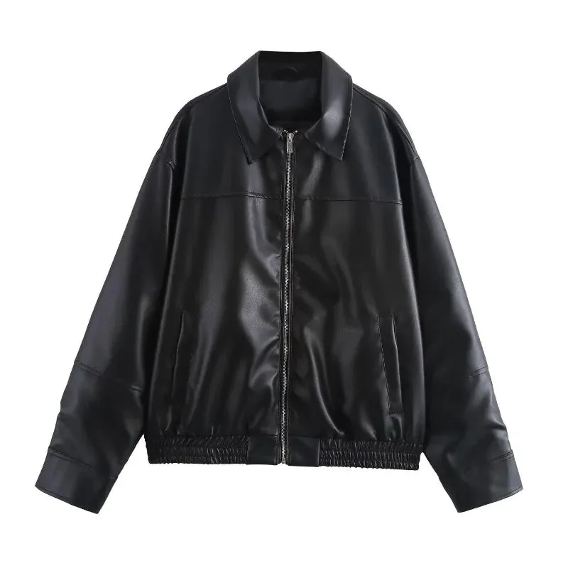 Fashion Green Leather Sleeve Loose Jacket Women Chic Laple Zipper Cropped Short Coats 2024 New Lady Casual High Street Outerwear