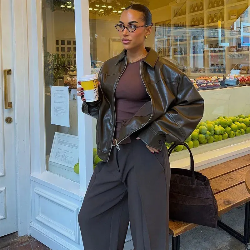 Fashion Green Leather Sleeve Loose Jacket Women Chic Laple Zipper Cropped Short Coats 2024 New Lady Casual High Street Outerwear