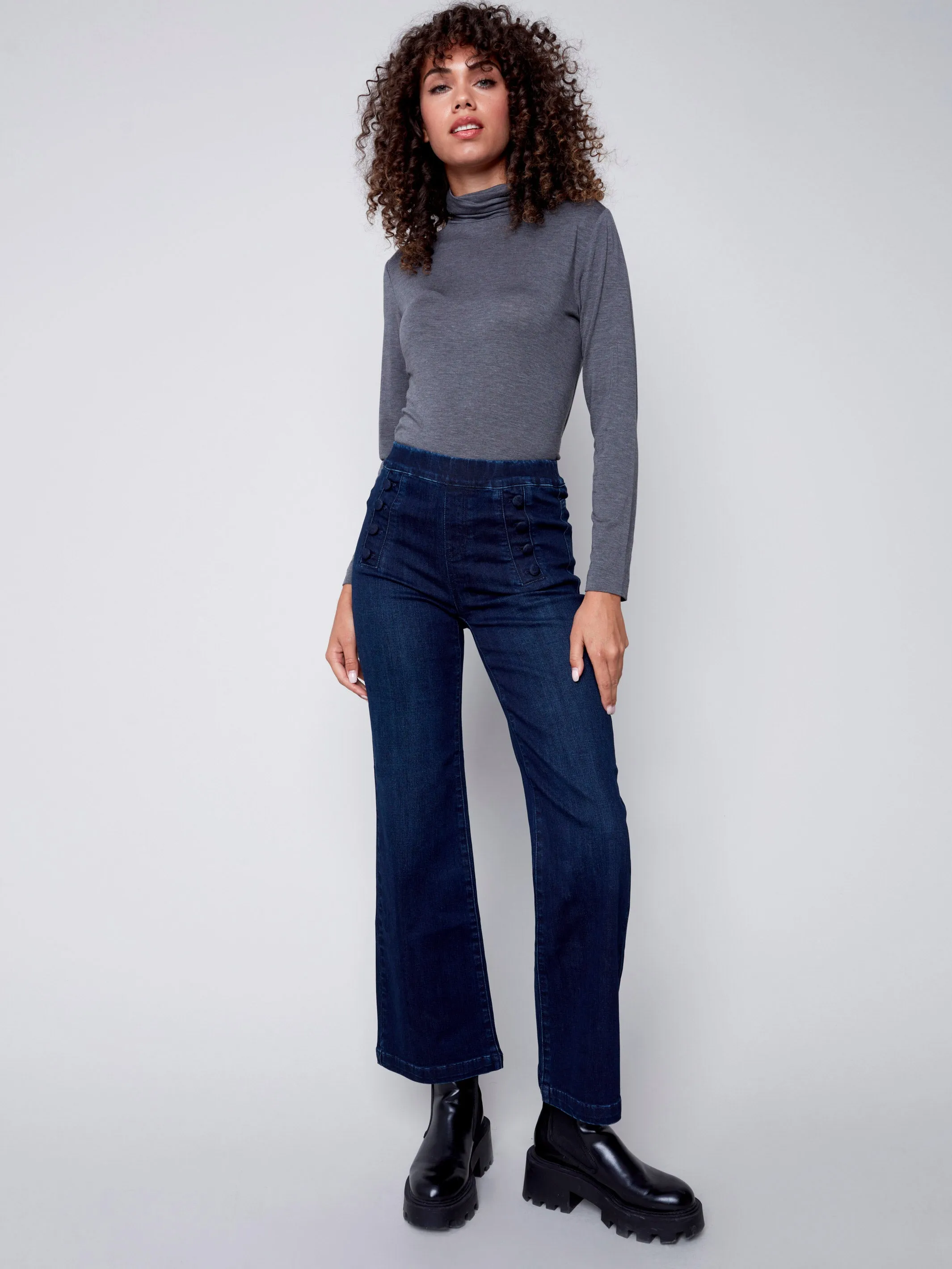 Flare Pull-on Jeans with Decorative Buttons - Blue Black