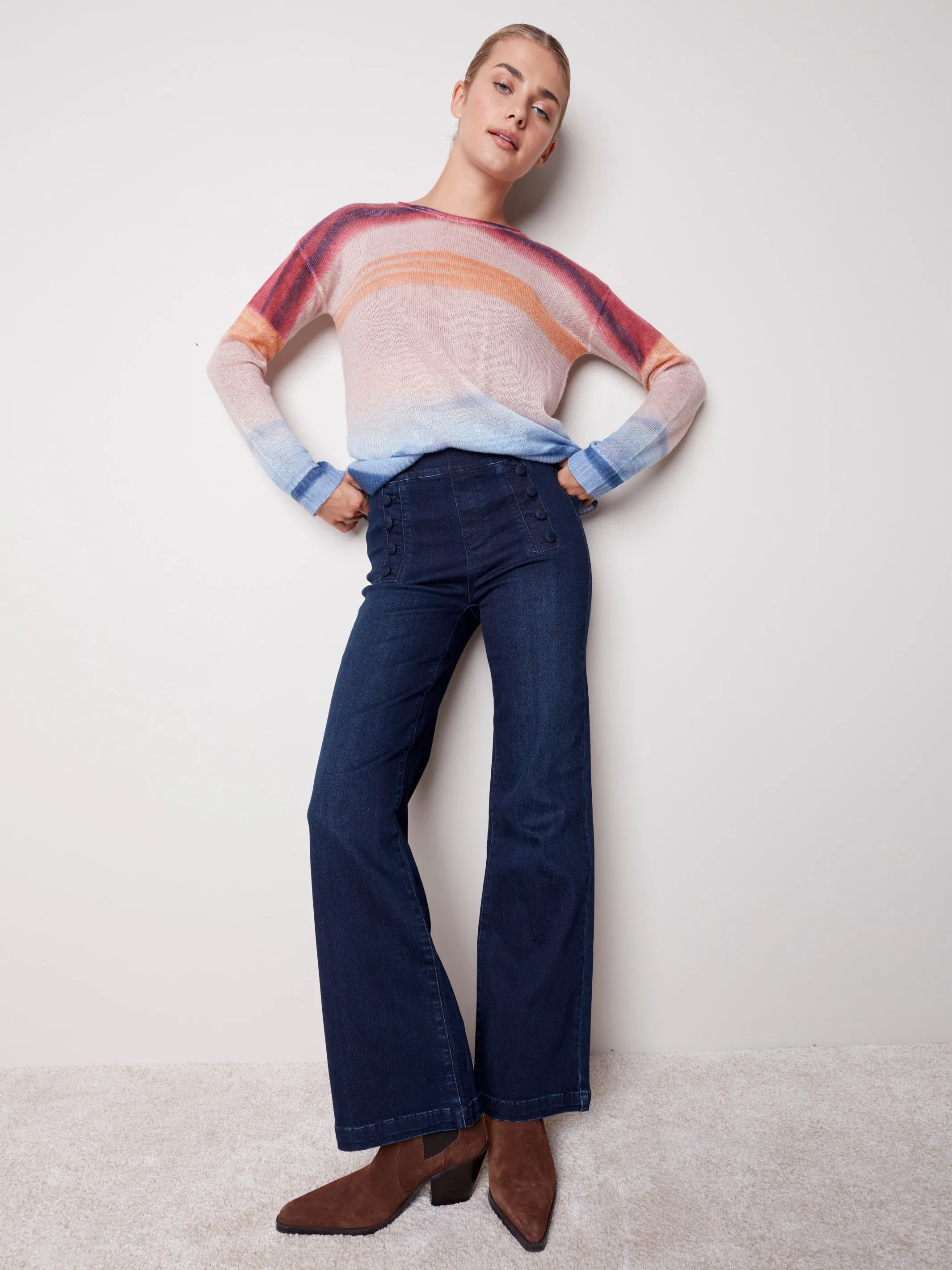 Flare Pull-on Jeans with Decorative Buttons - Blue Black