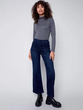 Flare Pull-on Jeans with Decorative Buttons - Blue Black