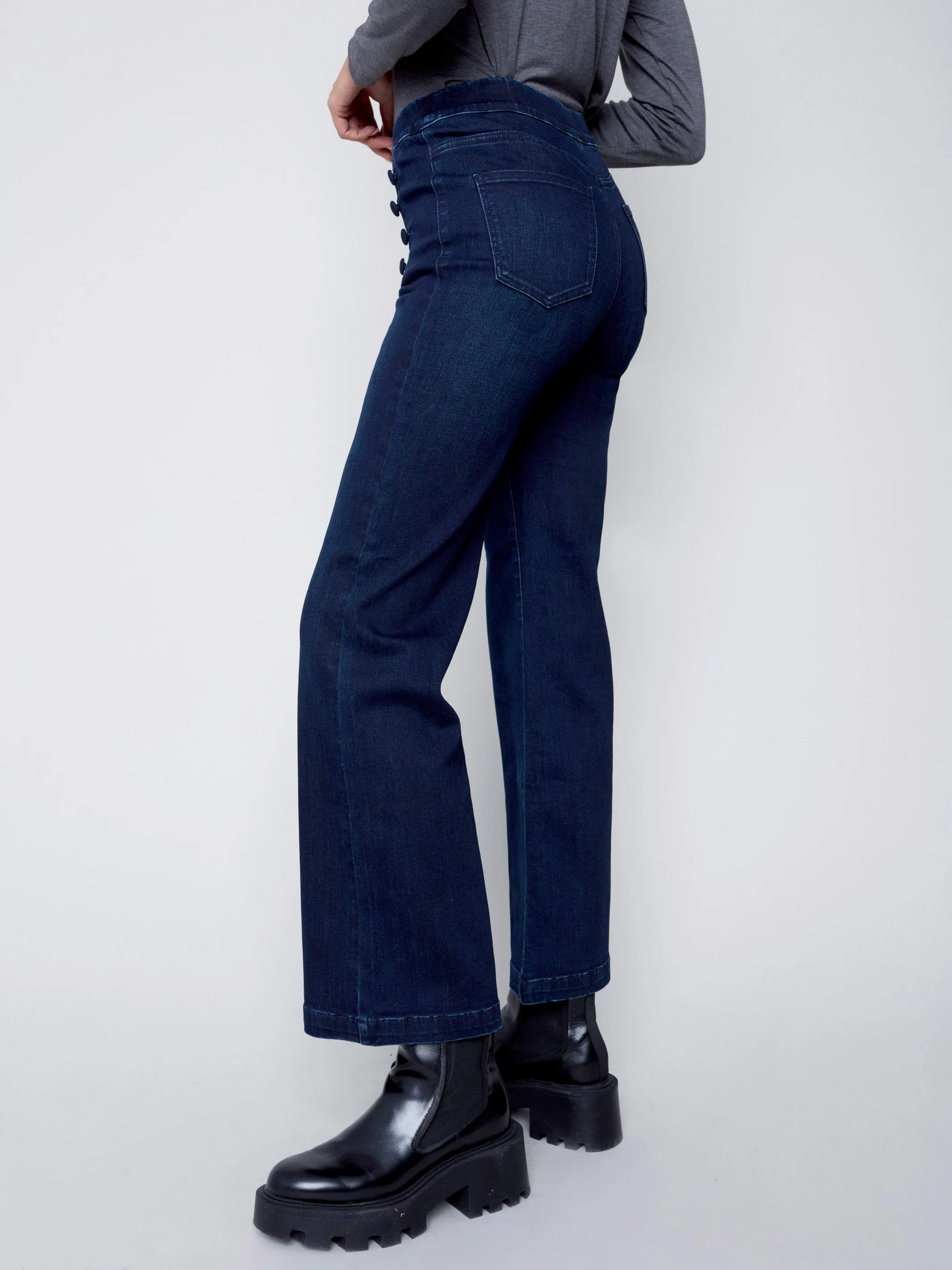 Flare Pull-on Jeans with Decorative Buttons - Blue Black