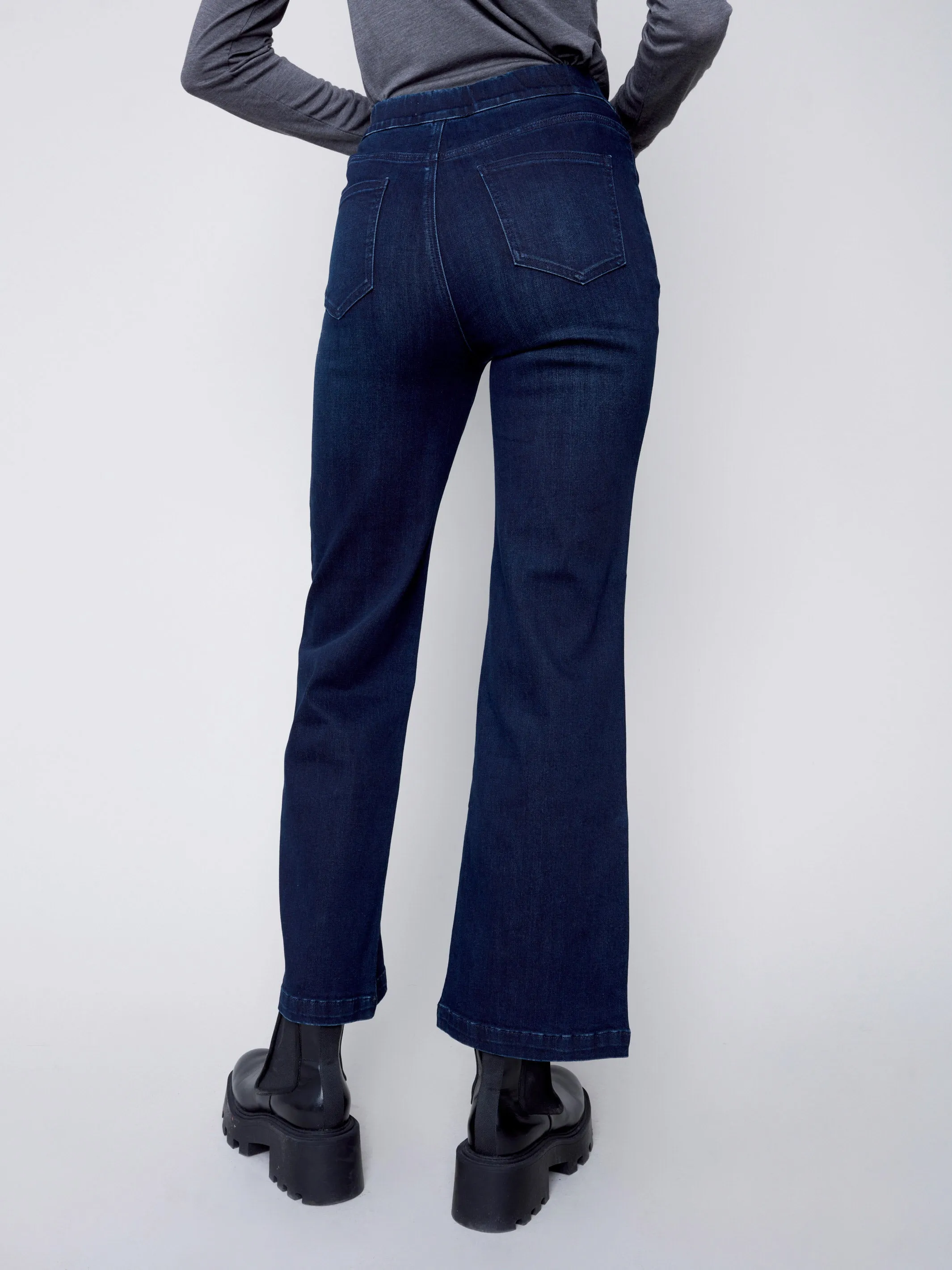Flare Pull-on Jeans with Decorative Buttons - Blue Black