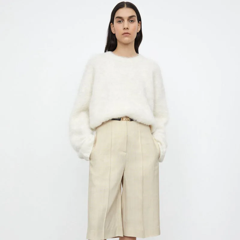 Fluffy Monochrome Crew Neck Long Sleeve Oversized Pullover Knit Sweater