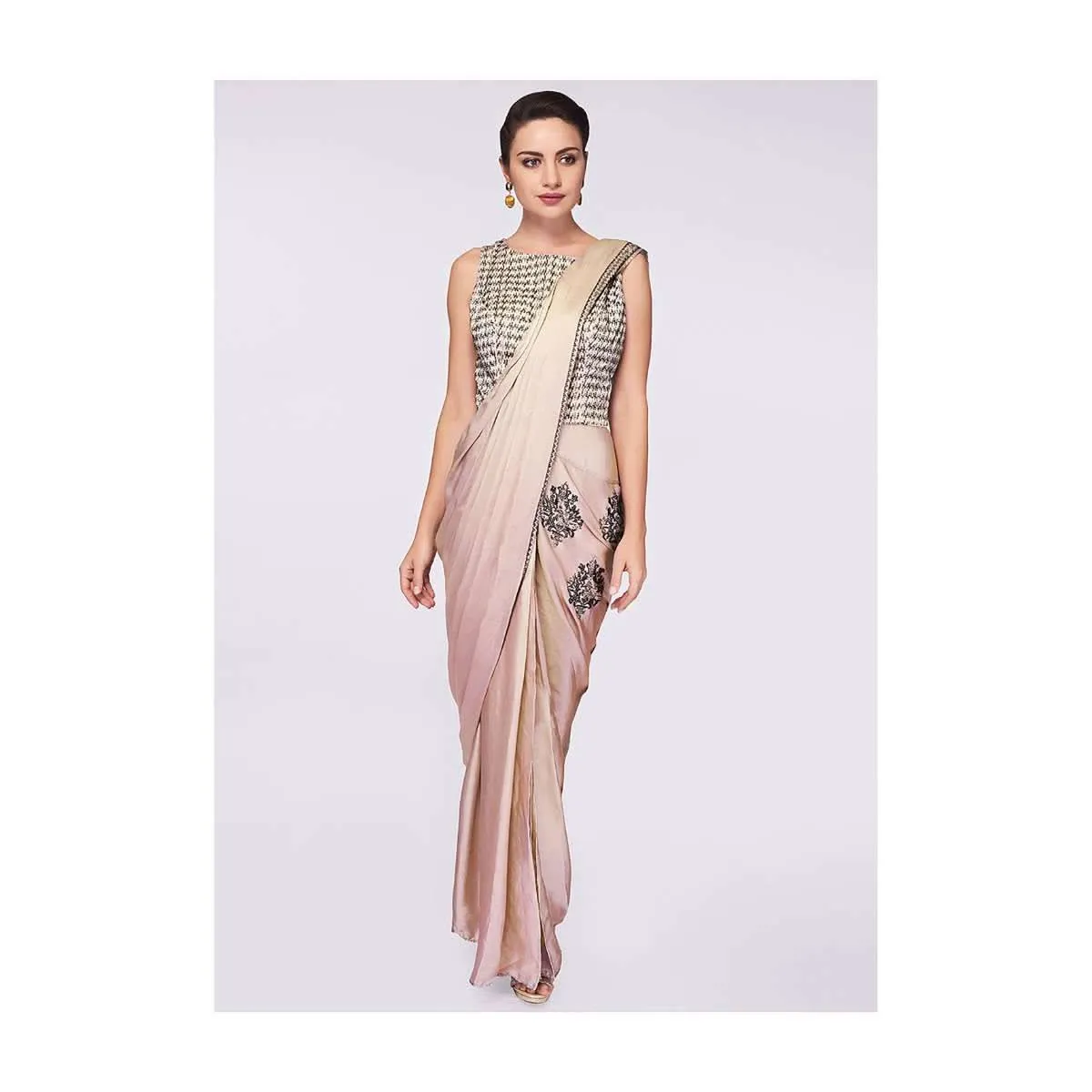Grey Beige Saree Gown In Satin With Heavy Kundan Embroidered Bodice Online - Kalki Fashion