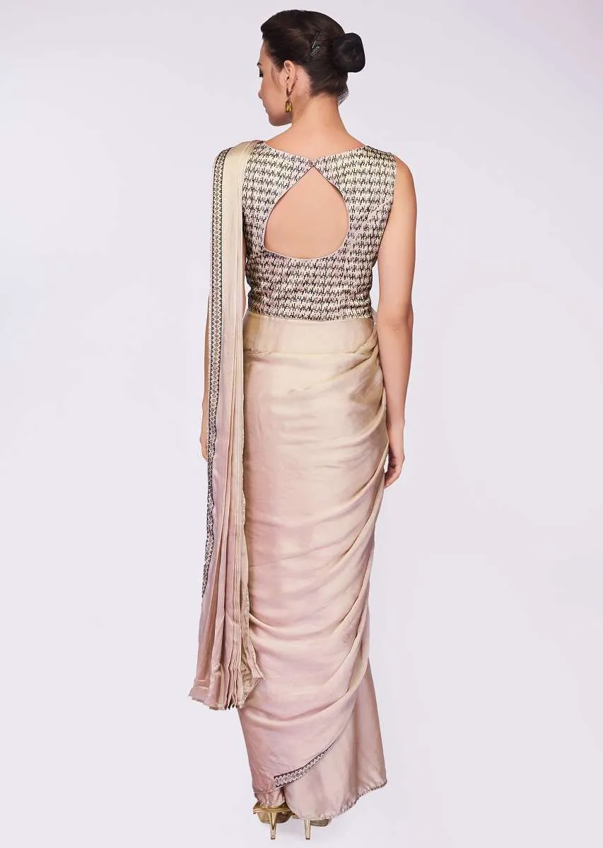Grey Beige Saree Gown In Satin With Heavy Kundan Embroidered Bodice Online - Kalki Fashion
