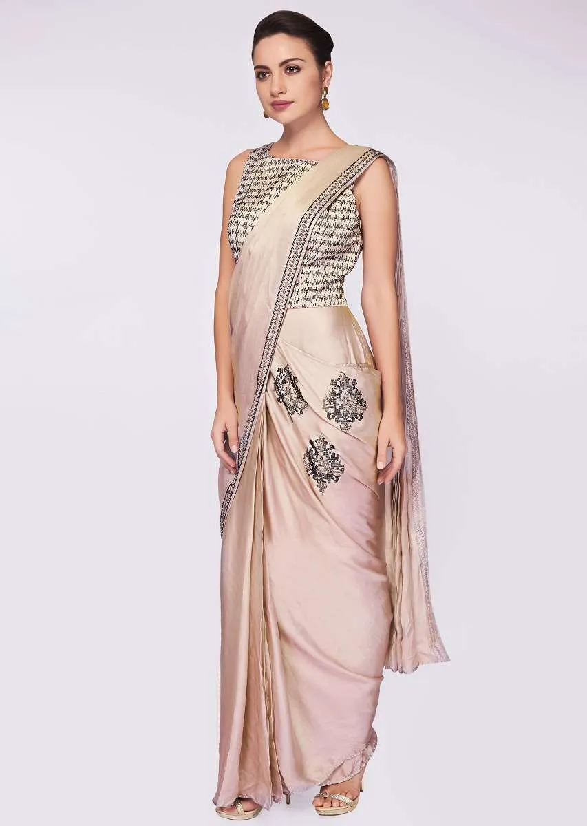 Grey Beige Saree Gown In Satin With Heavy Kundan Embroidered Bodice Online - Kalki Fashion