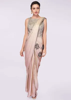Grey Beige Saree Gown In Satin With Heavy Kundan Embroidered Bodice Online - Kalki Fashion