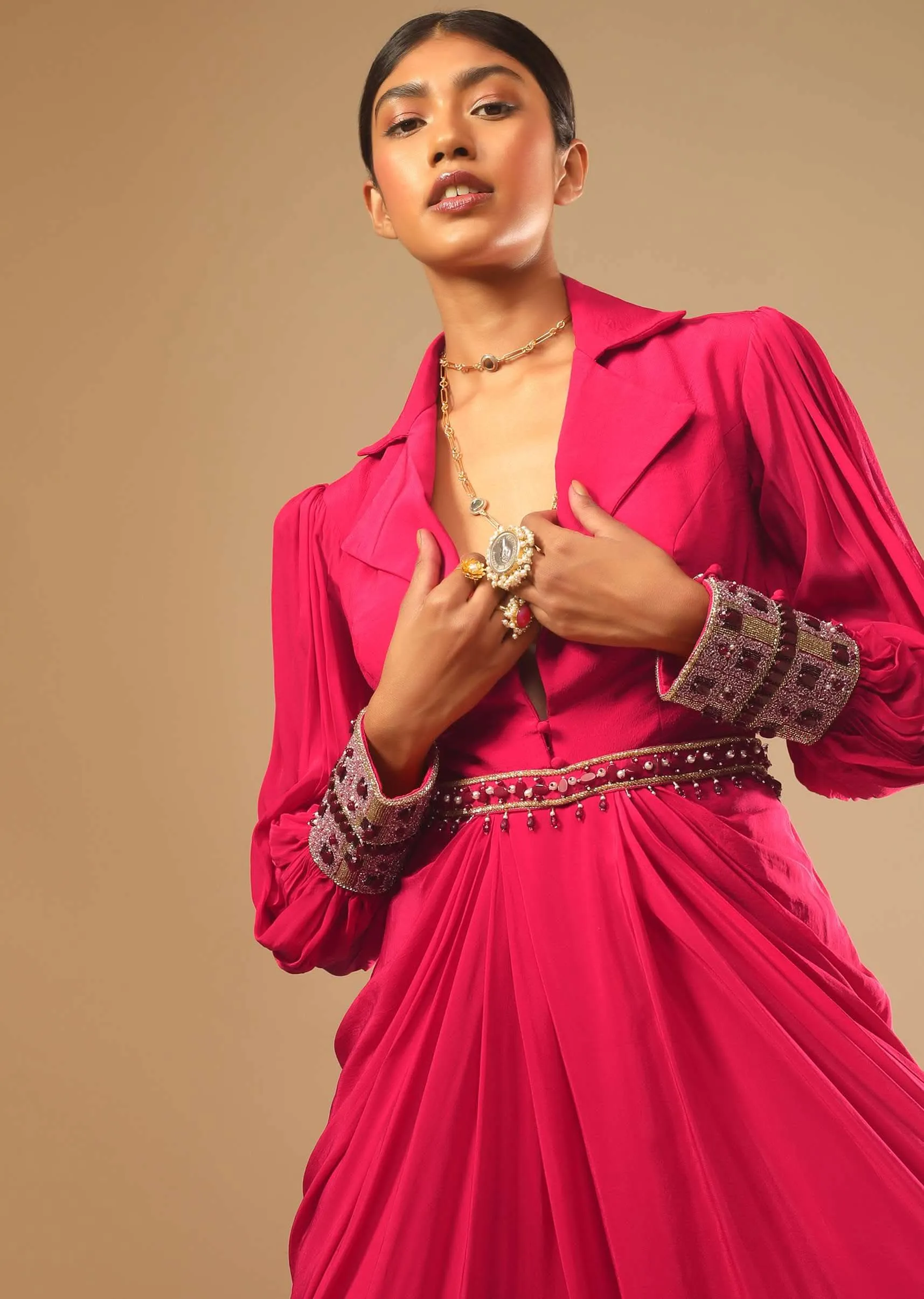 Hot Pink Dress With A Chunky Embroidered Bishop Sleeves And Collar Neckline