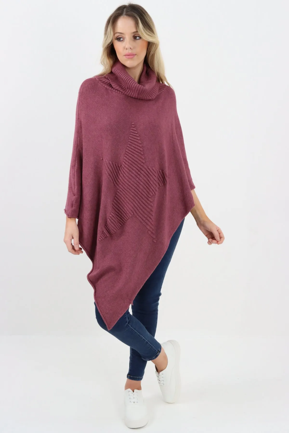 Italian Knitted Star Cowl Neck Lagenlook Poncho