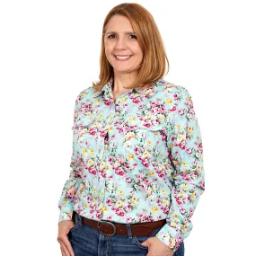 Just Country Womens Abbey Full Button Print Work Shirt Mint Peonies