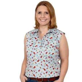 Just Country Womens Lilly Half Button Sleeveless Print Work Shirt Sea Salt Poppy