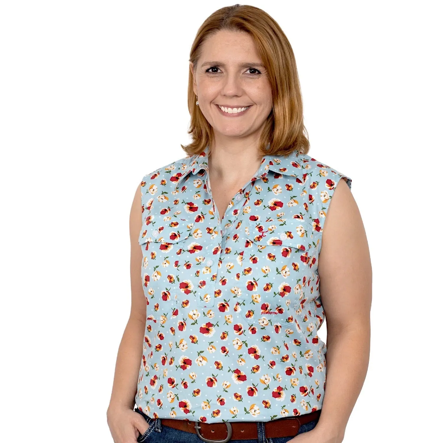 Just Country Womens Lilly Half Button Sleeveless Print Work Shirt Sea Salt Poppy