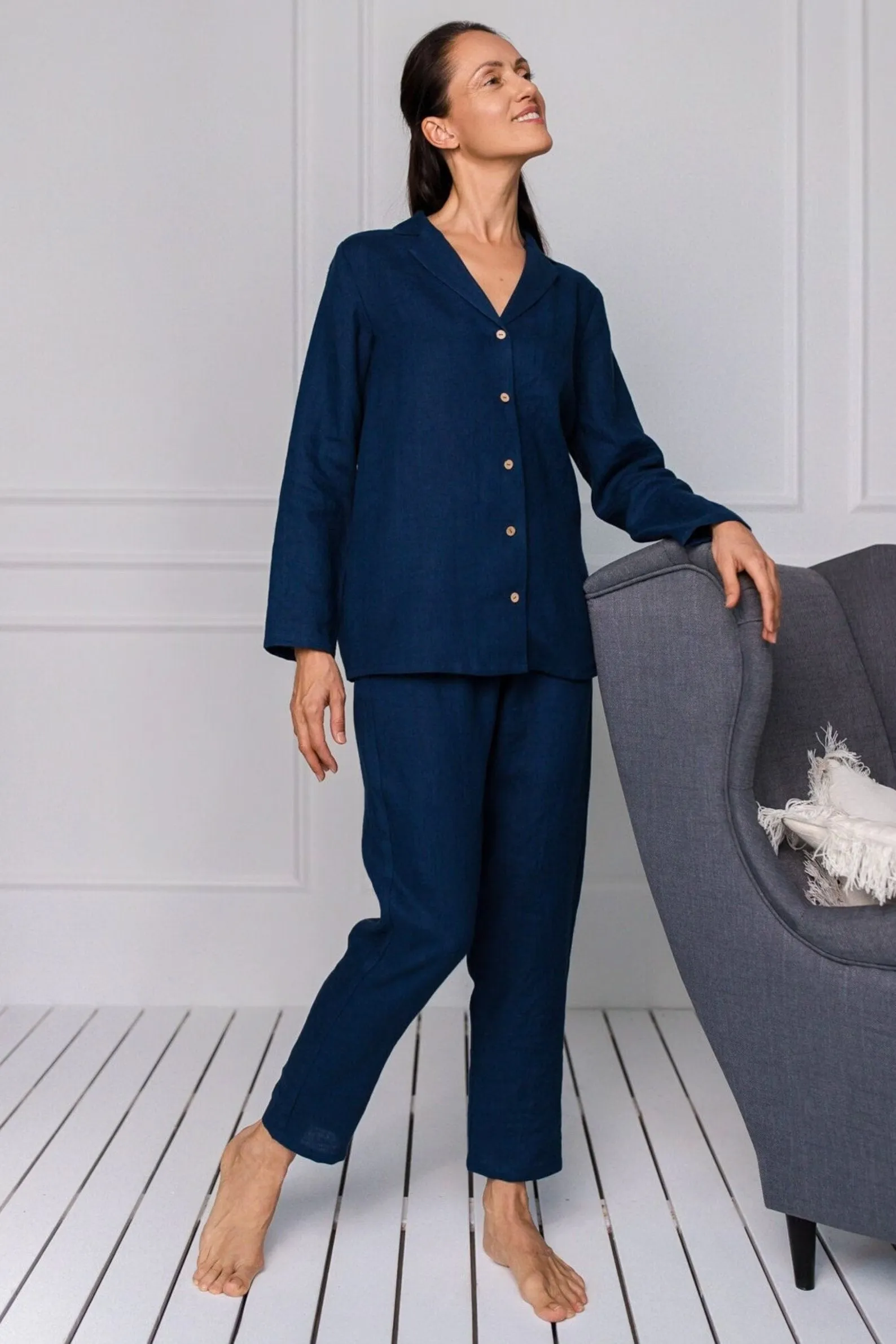 Linen Pajama Set In Midnight Blue