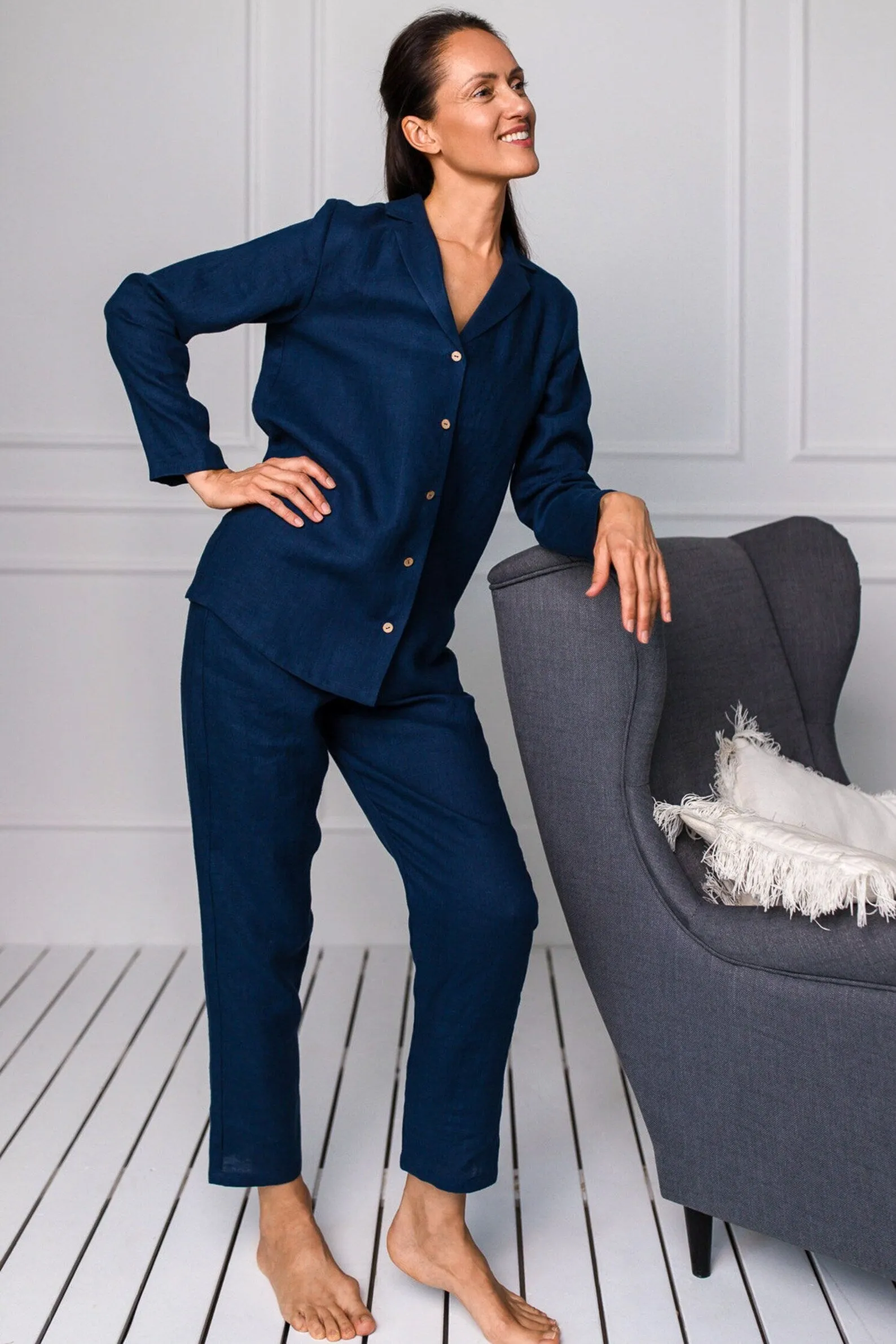 Linen Pajama Set In Midnight Blue