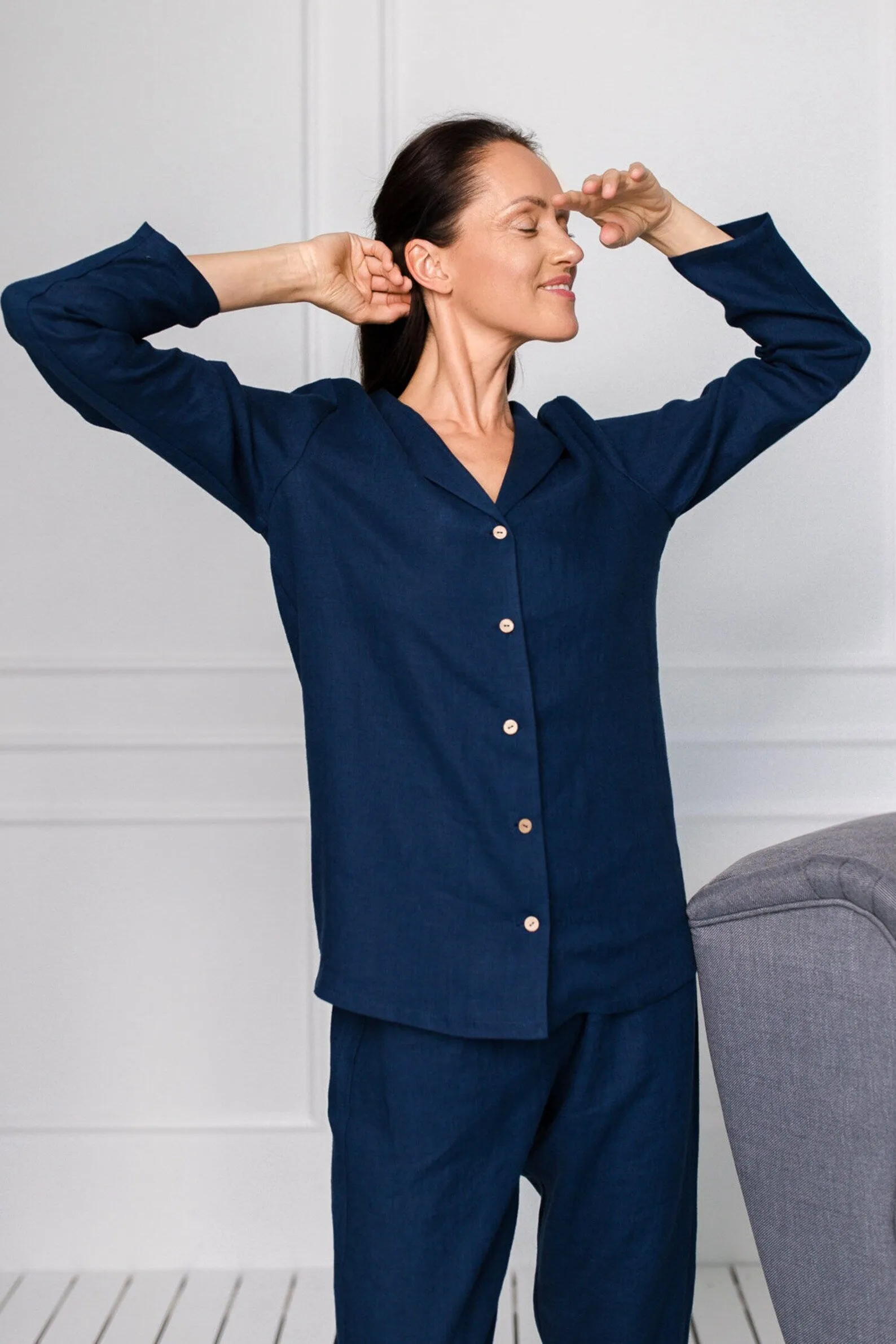 Linen Pajama Set In Midnight Blue