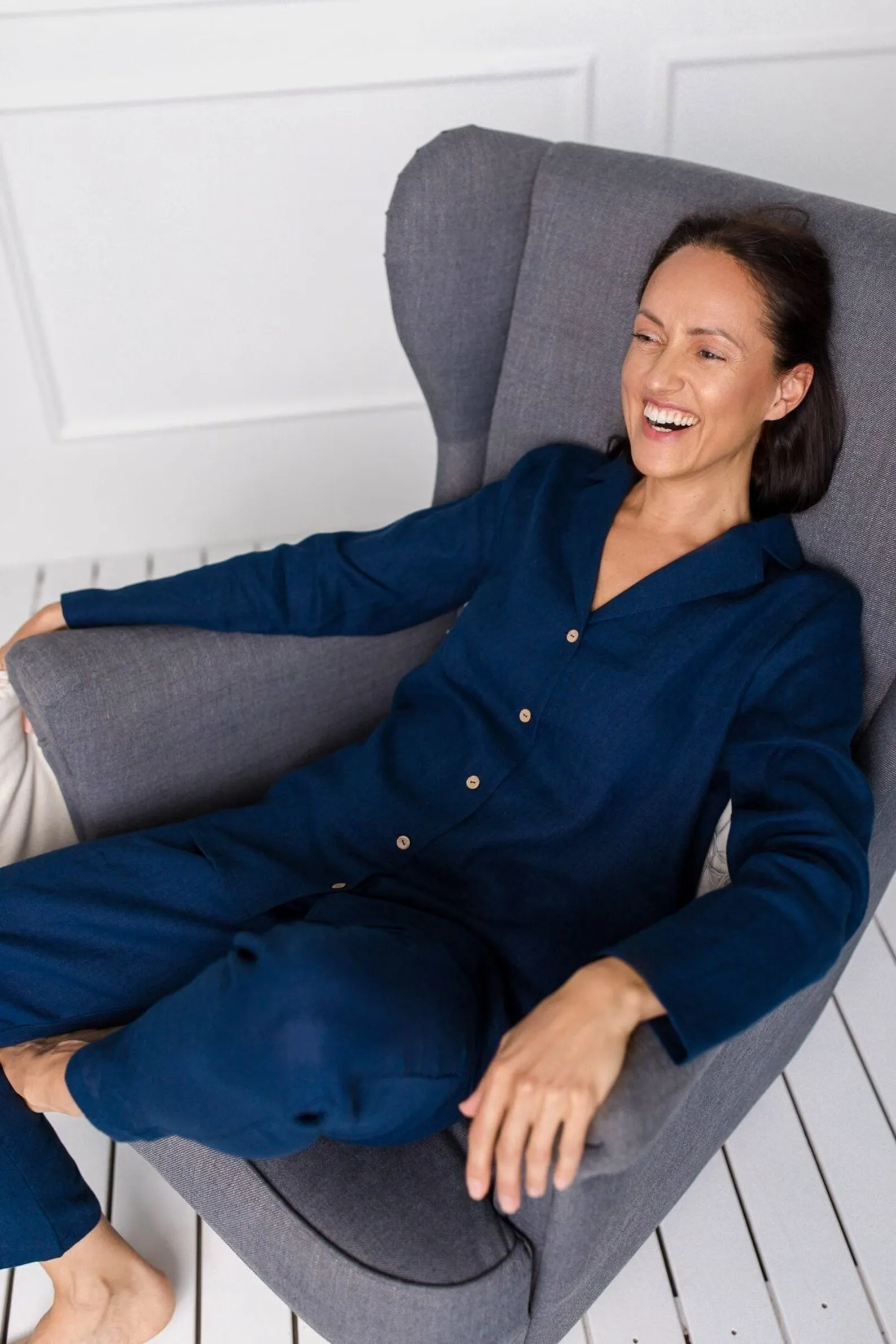 Linen Pajama Set In Midnight Blue