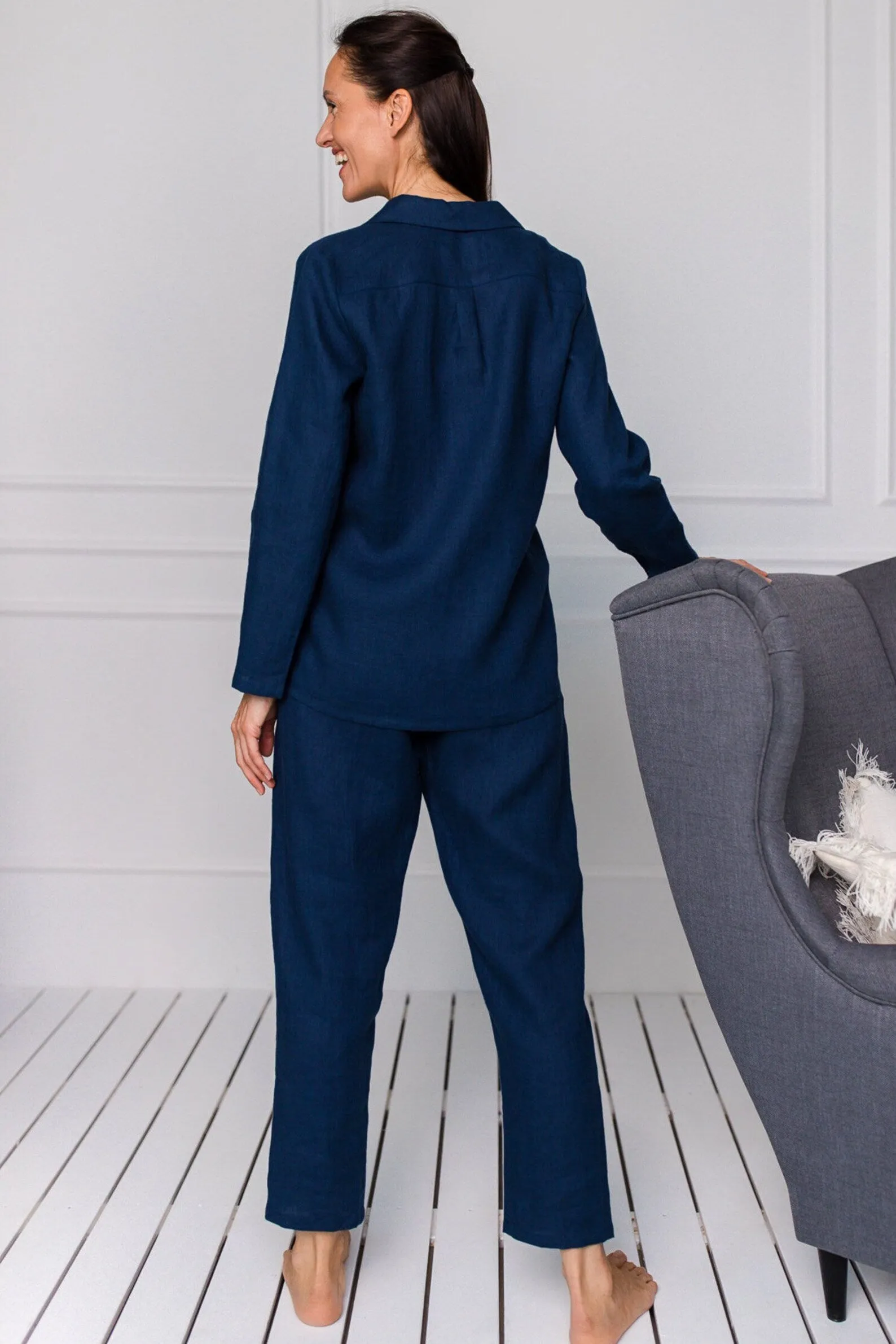 Linen Pajama Set In Midnight Blue