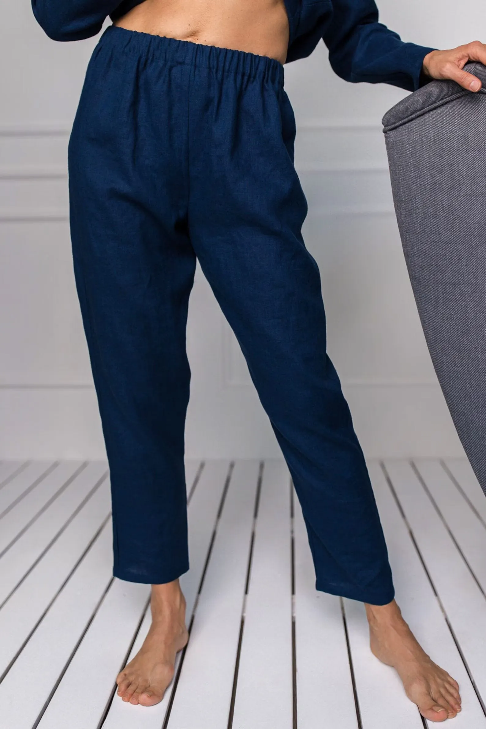 Linen Pajama Set In Midnight Blue