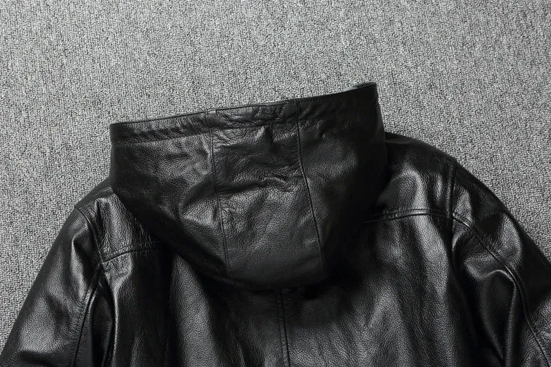 Men Leather Jacket with Hood Genuine Cowhide Slim Fit Male Skin Coat Spring Autumn Clothing  Chamarras De Cuero Para Hombre