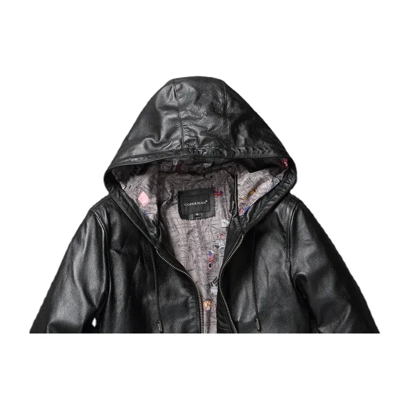 Men Leather Jacket with Hood Genuine Cowhide Slim Fit Male Skin Coat Spring Autumn Clothing  Chamarras De Cuero Para Hombre