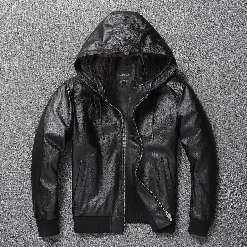 Men Leather Jacket with Hood Genuine Cowhide Slim Fit Male Skin Coat Spring Autumn Clothing  Chamarras De Cuero Para Hombre