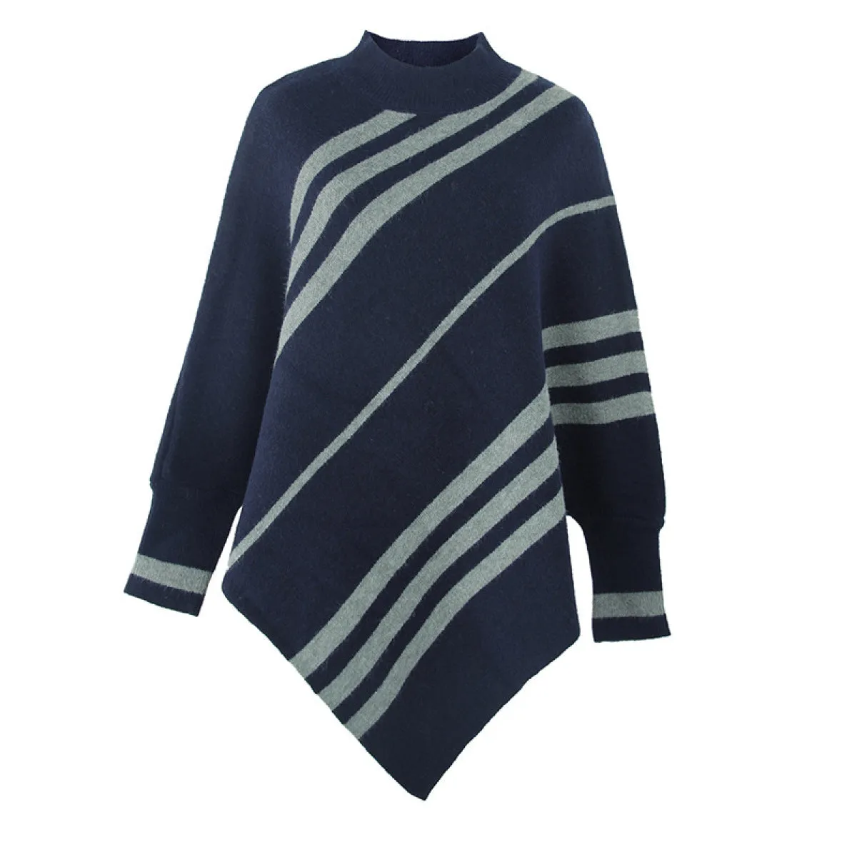 Mockneck Batwing Sleeve Striped Ponchos