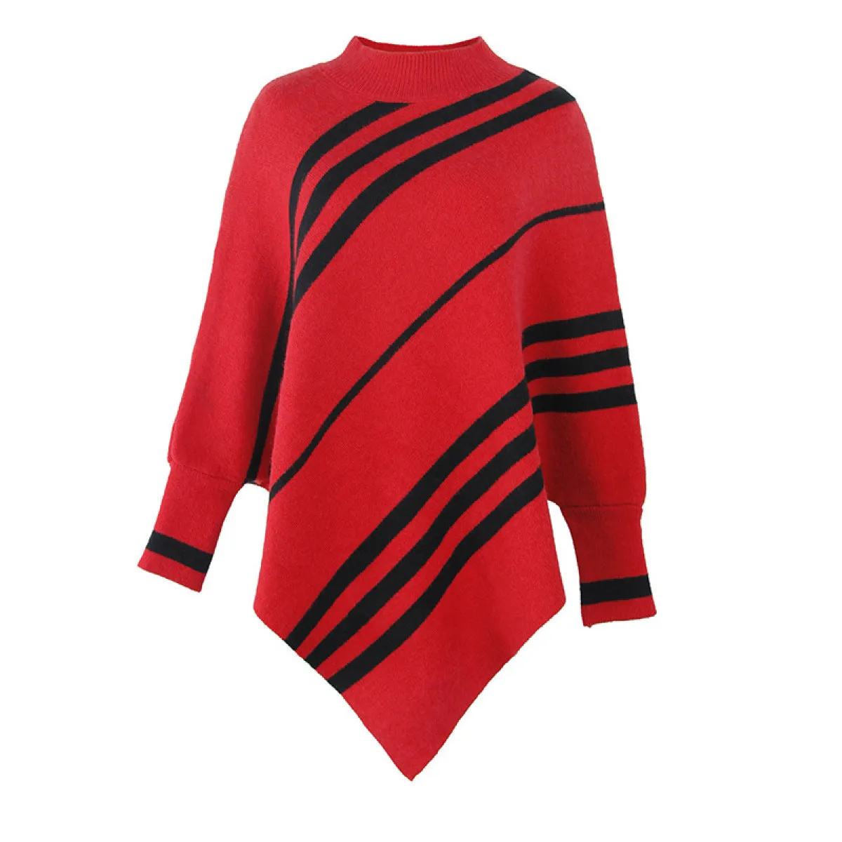 Mockneck Batwing Sleeve Striped Ponchos