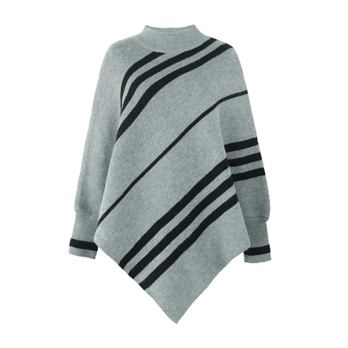 Mockneck Batwing Sleeve Striped Ponchos