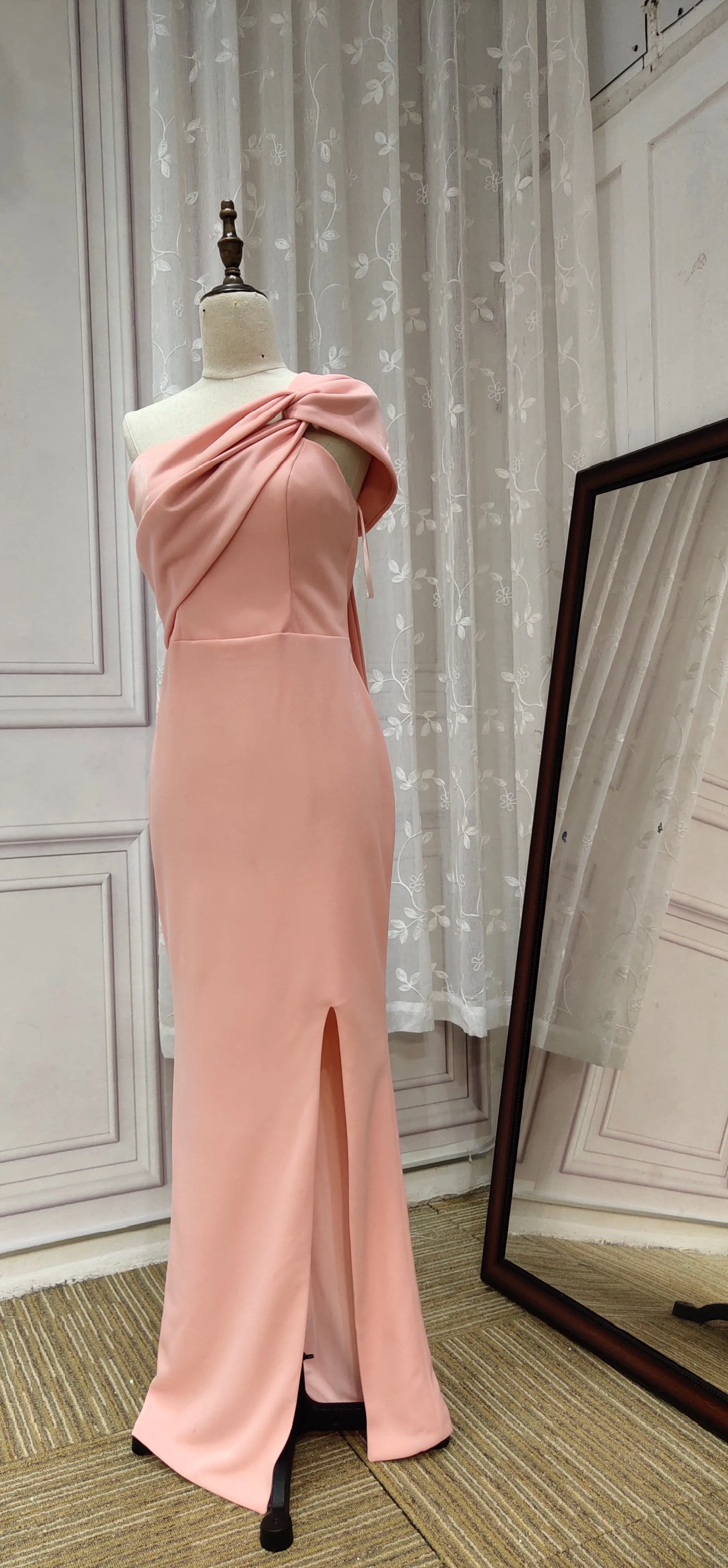 Off shoulder blush pink shiny bridesmaids dresses bodice slit  2020