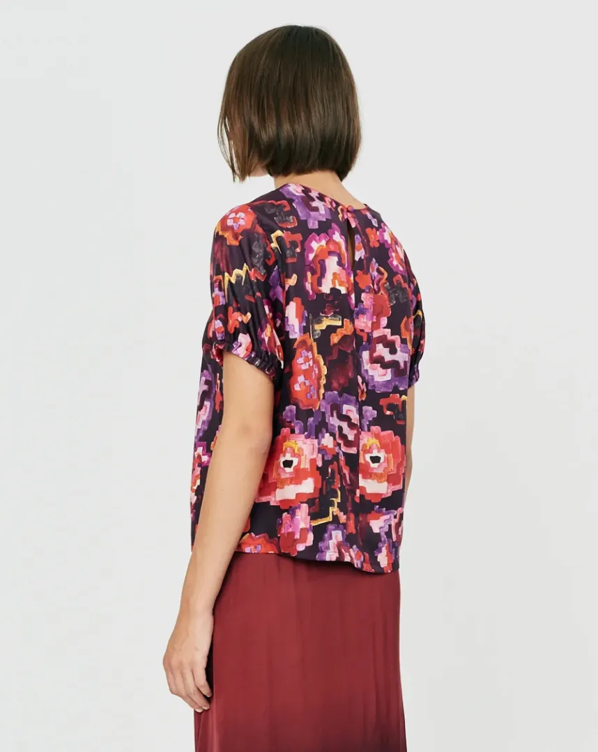 Painted Tapestry Fire Vibrations Silk Print Puff Sleeve Blouse